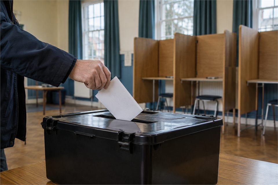 A folded ballot above a plain ballot box in a British community hall