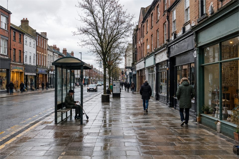Residents walking along a rain-washed English high street